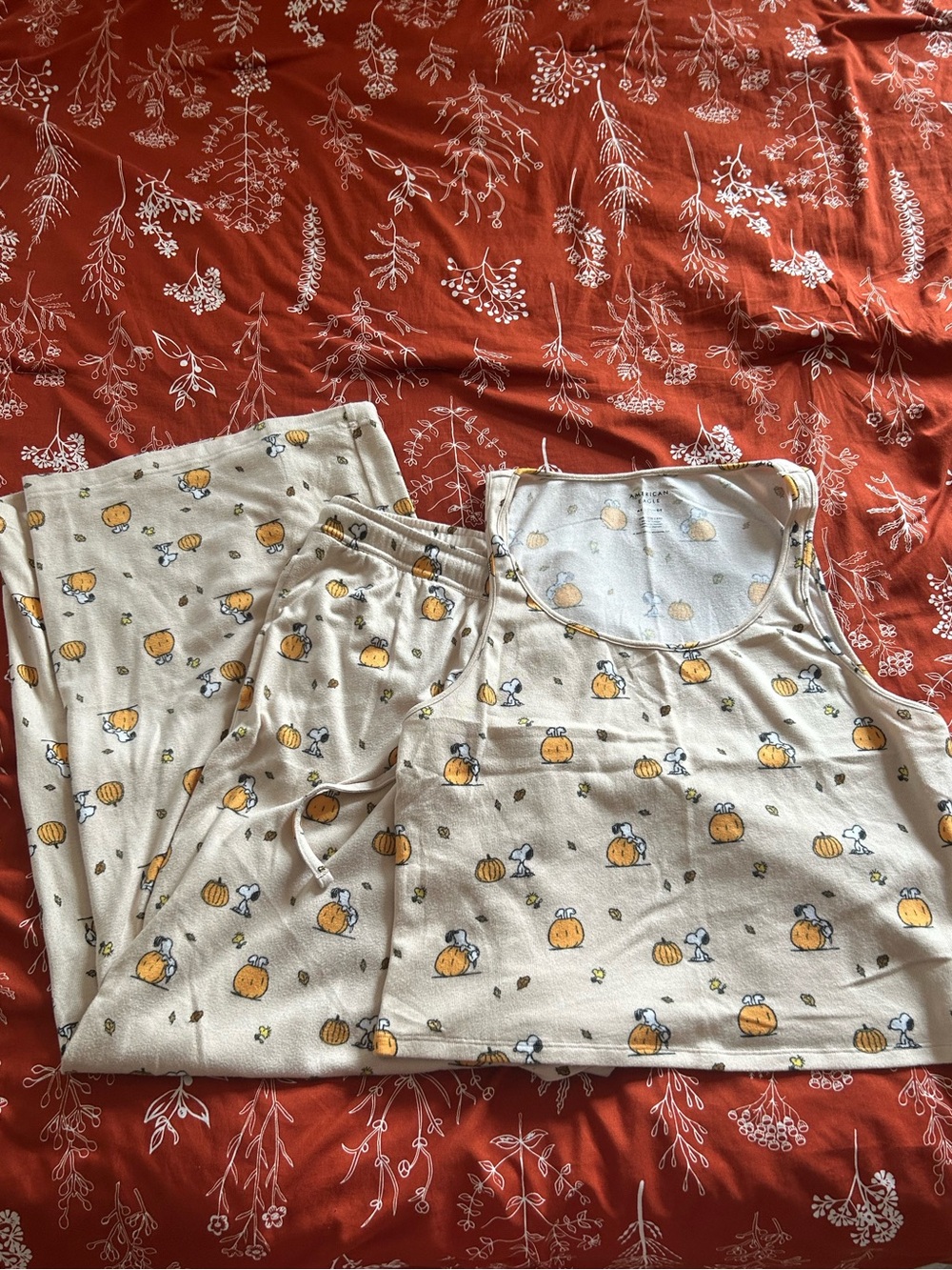 American Eagle Pumpkin Print Cream Pajama Set - Tank & Pants